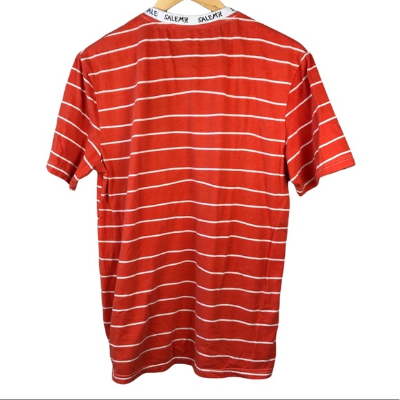 Salem7 Men's Short Sleeve White Orange Striped Embroidered Fangz T-Shirt - Picture 3 of 7